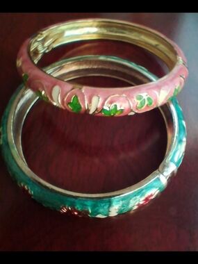 Vintage Cloisonné Pink & Blue Enamel Bangle Bracelet Set